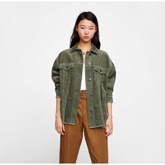 Zara Womens Shacket Sz S Olive Green Corduroy Shirt Jacket Raw Hem Oversized - Picture 1 of 8